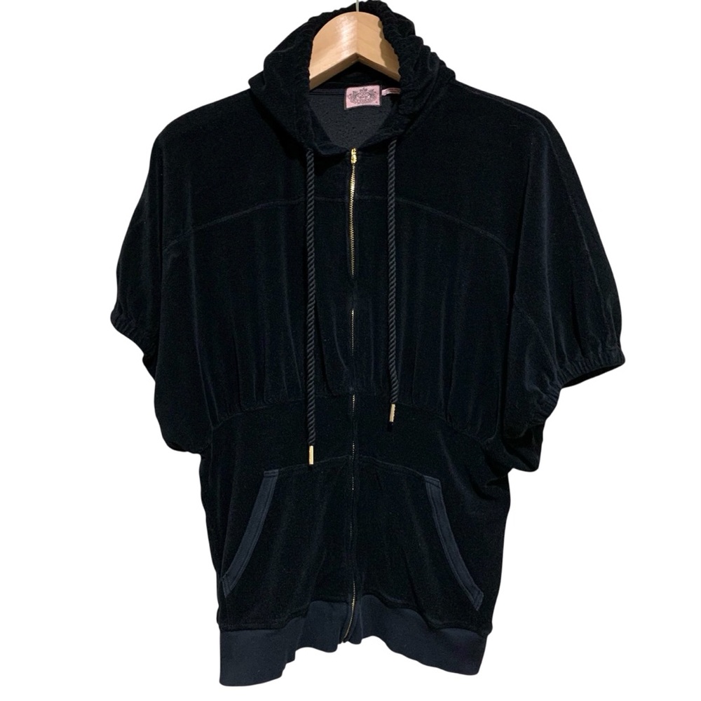 Juicy Couture Velour Black Dolman Short Sleeve Zip Up Hoodie Size XL